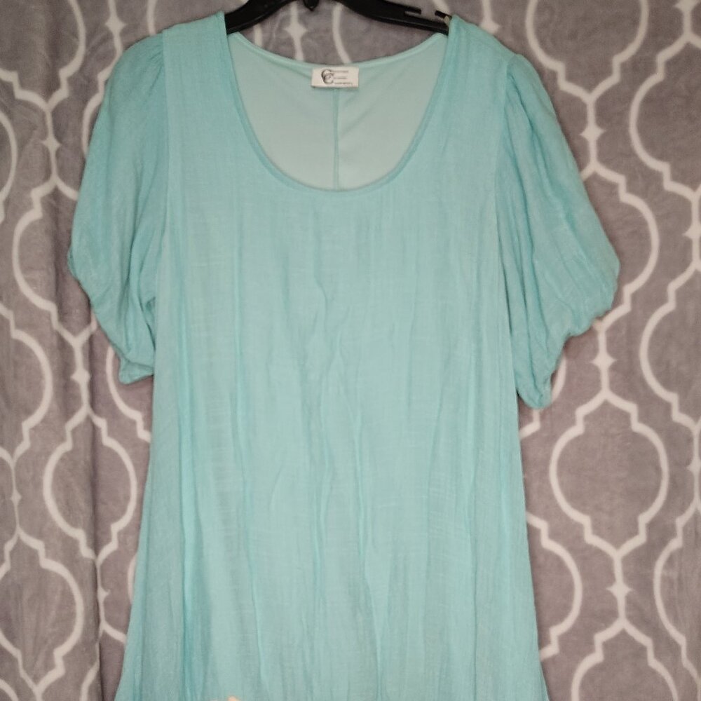 VTG Christian Caliendo Large Aqua Knee Dress Lined Boho Romantic Cottagecore